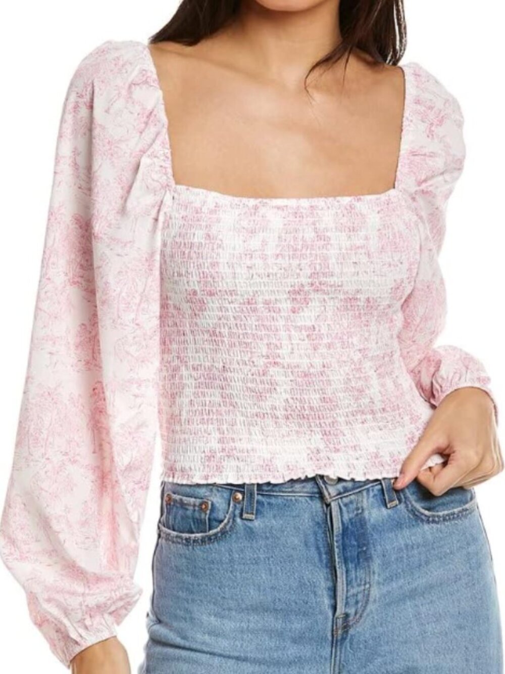 BCBGeneration White Smocked Top with Short Puff Sleeves & Square Neck